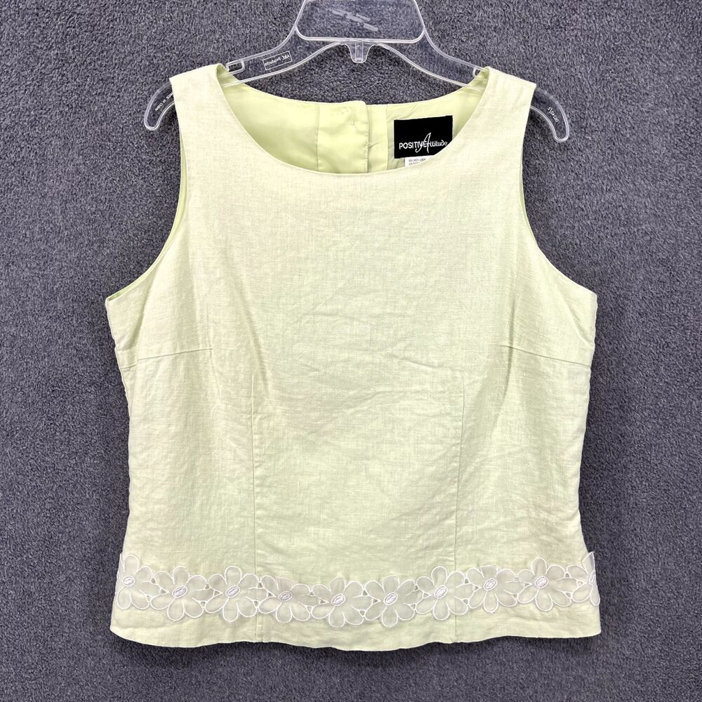 Positive Attitude Top Womens 10 Light Green‎ Linen Floral trim Blouse Sleeveless